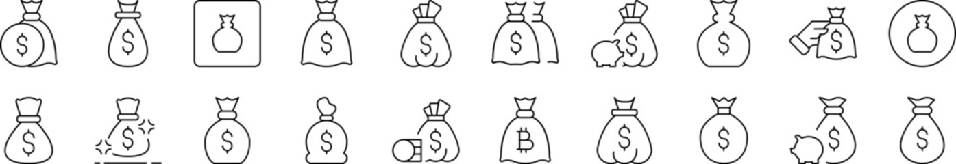 Money Bag Related Line Icon Collection. Editable Stroke. Perfect for Infographics, Articles, Books, Flyers, Banners
