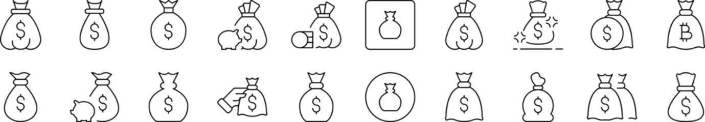 Money Bag Outline Icon Collection. Editable Stroke. Perfect for Infographics, Articles, Books, Flyers, Banners