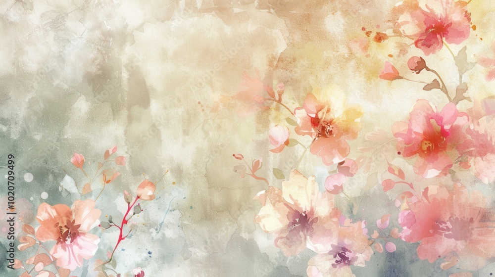 Poster Delicate watercolor flowers bloom in soft tones, creating a calming atmosphere filled with gentle colors and artistic elegance. Generative AI