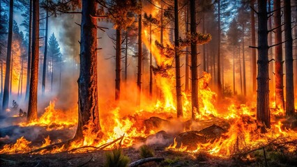 Fototapeta premium Forest fire burning with flames and sparks, forced perspective