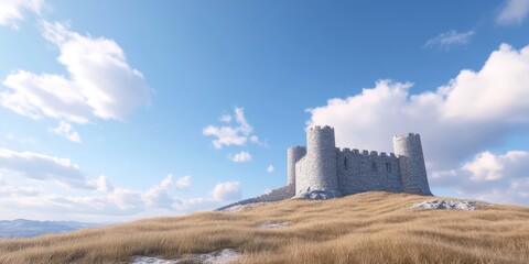 A majestic castle stands on a grassy hill under a bright blue sky with fluffy clouds, capturing the essence of medieval architecture.