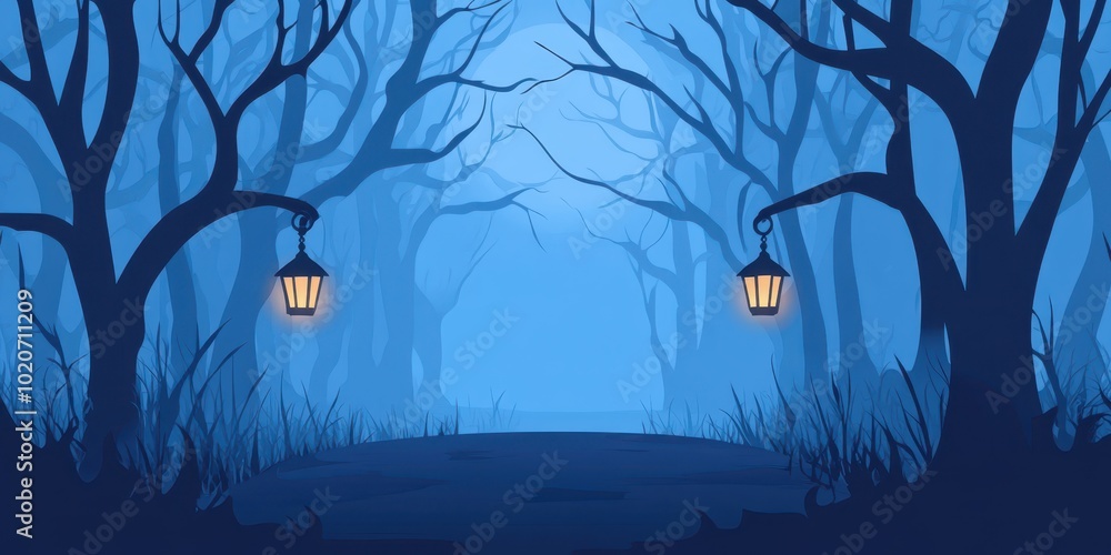 Poster a mysterious forest path lit by lanterns, surrounded by dark, twisted trees and an enchanting blue g