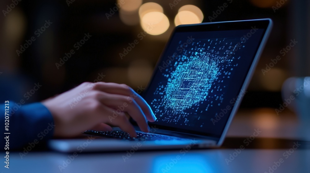 Poster person using laptop with abstract data visualization