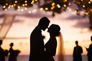 silhouette of couple in love under twinkling lights