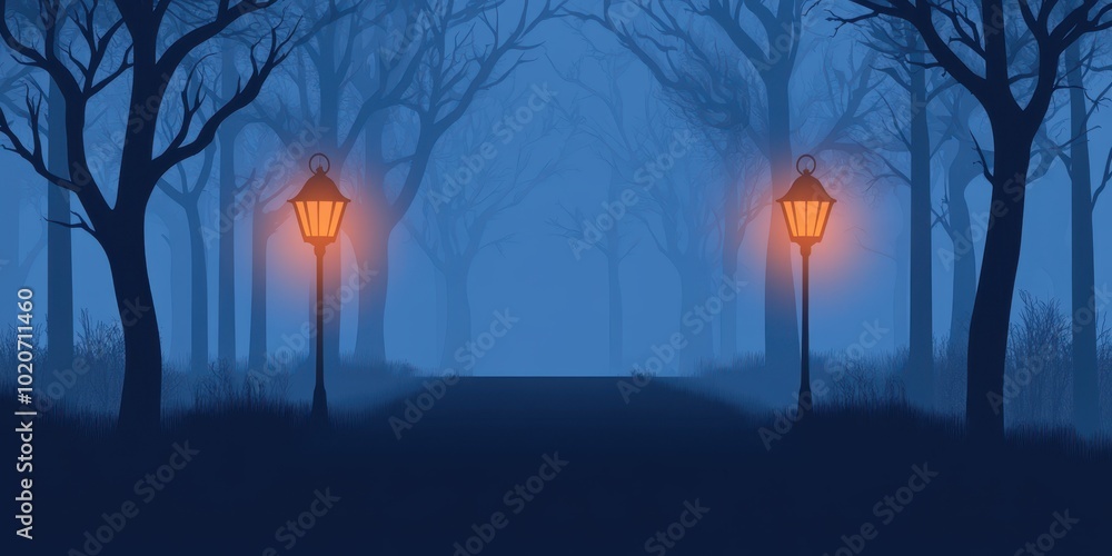 Poster a mystical blue fog envelops a serene pathway illuminated by glowing lanterns, creating an enchantin