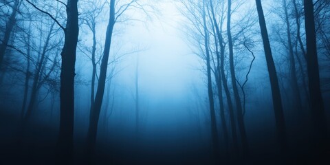 Fototapeta premium A mystical blue fog envelops a serene forest, creating an atmosphere of tranquility and mystery in nature's beauty.