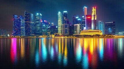 Fototapeta premium Illuminated Skyscrapers Reflecting in the Water at Night