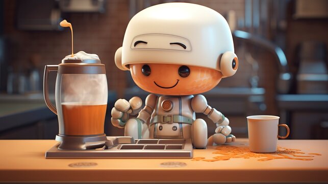 A photo of a 3D character crafting a latte macchiato