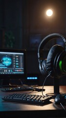 Graphics monitor and headset on a desk