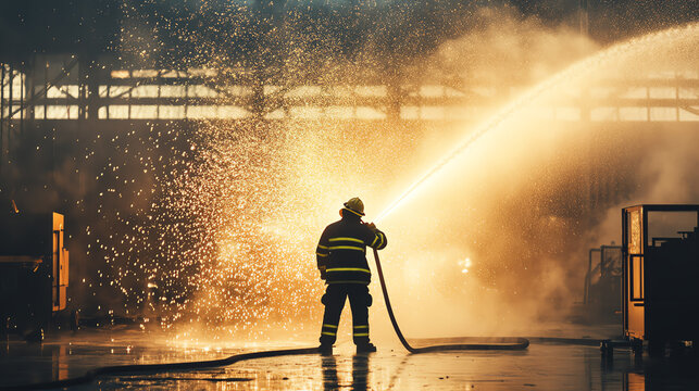 A firefighter extinguishing flames with water in an industrial setting, surrounded by dramatic light and splashing water.