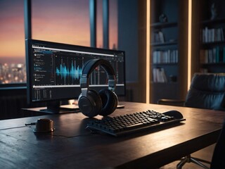 Graphics monitor and headset on a desk