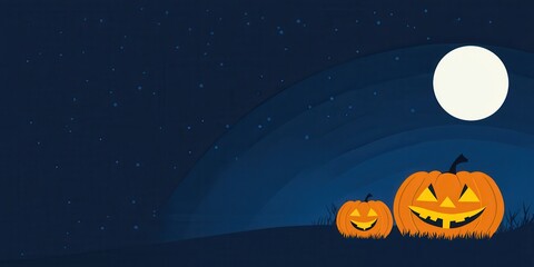 Fototapeta premium A night scene with glowing pumpkins under a full moon, perfect for Halloween festivities and autumn celebrations.