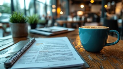 A cozy coffee shop scene featuring a notebook, a blue mug, and soft lighting, creating an inviting atmosphere for work or relaxation.