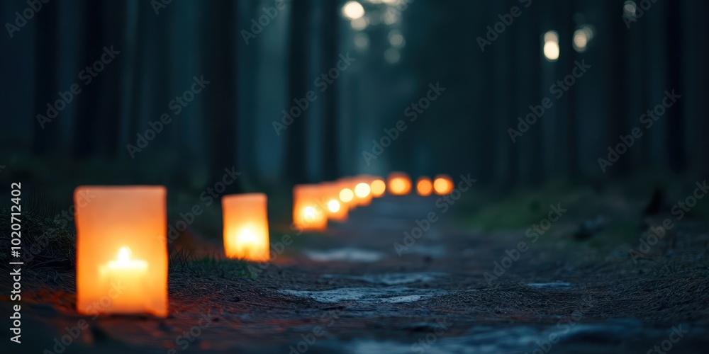 Poster a serene forest path illuminated by glowing lanterns, creating a magical atmosphere in the dark wood