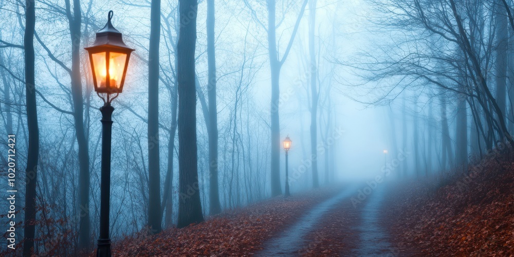 Poster a serene foggy path surrounded by trees, illuminated by vintage lanterns, creating a mysterious and 