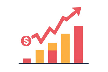 Colorful bar graph with upward trajectory arrow, symbolizing financial growth and positive business progress, against a transparent background.