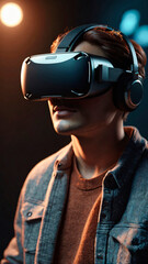 Gamer boy with futuristic virtual reality headset