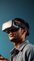 Gamer boy with futuristic virtual reality headset