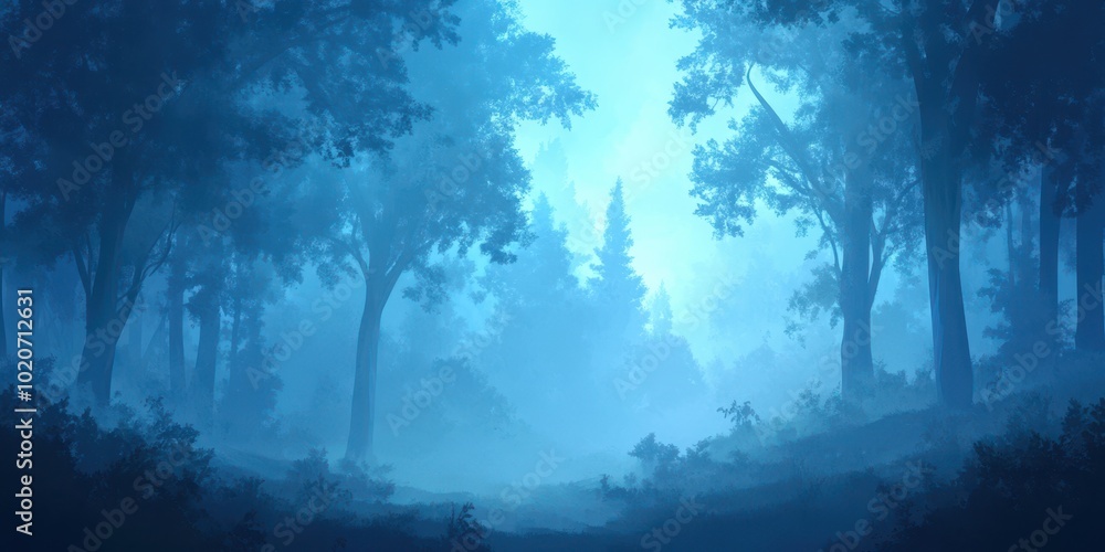 Poster a serene forest scene enveloped in mist, creating a mystical atmosphere perfect for nature lovers an