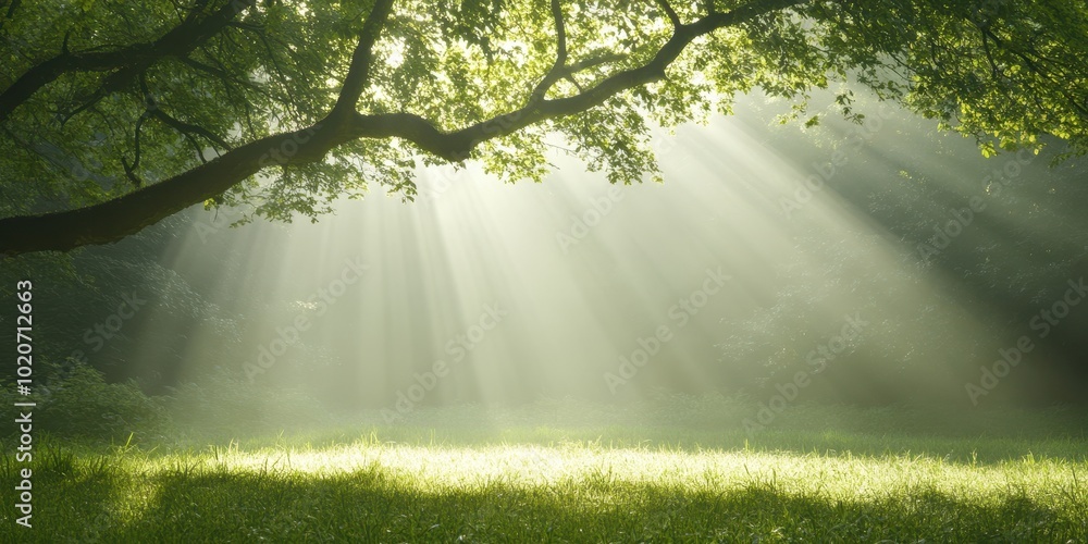 Poster a serene forest scene with sunlight filtering through leafy trees, creating a tranquil atmosphere in