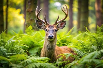 Forest landscape with wild deer and ferns in extreme close-up