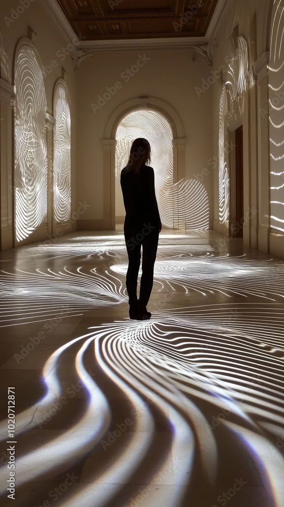 Poster a silhouette stands in an illuminated hallway, showcasing intricate light patterns on the floor, cre
