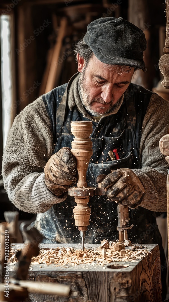 Poster a skilled woodworker shaping a wooden piece using a lathe, showcasing craftsmanship and dedication i