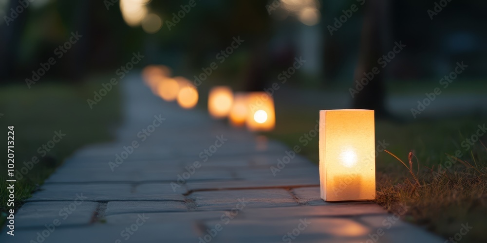 Poster a serene pathway illuminated by glowing lanterns, creating a tranquil ambiance in the evening light.