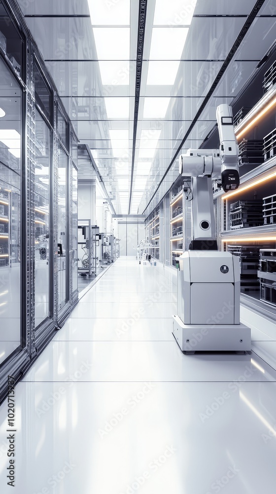 Aufkleber a sleek, modern warehouse featuring an advanced robotic system for efficient storage and retrieval o