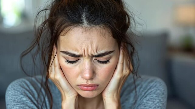 A young woman expresses frustration, covering her ears in distress while seated in a cozy living room during the late afternoon hours