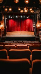A spacious theater stage with red curtains, inviting atmosphere, bright lights, and empty seats awaiting an exciting performance.