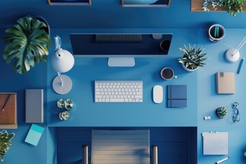top view of a work corner in blue tones.