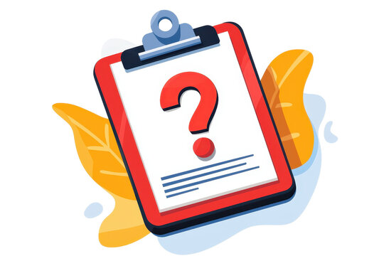 Illustration of a clipboard with a red border and a question mark, surrounded by abstract leaves, symbolizing inquiry and uncertainty.