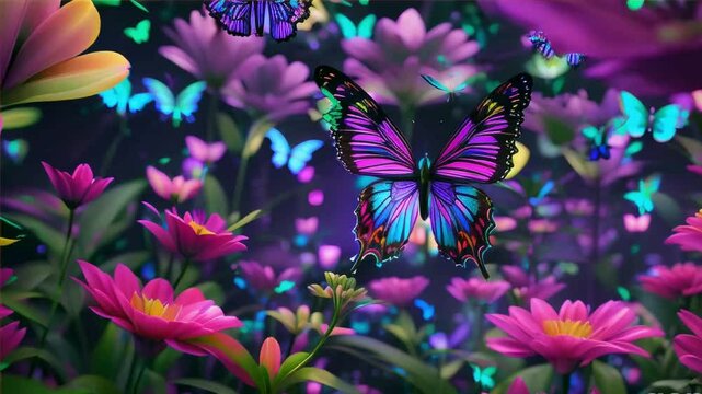 A mini world of neon butterflies fluttering among lush, oversized flowers at night in a neon jungle