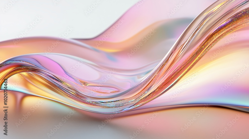 Poster colorful transparent waves of iridescent material flowing softly across a smooth surface in a bright