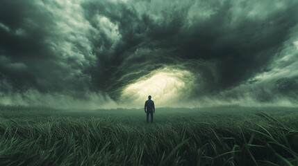 Fototapeta premium Man Standing in Field With Dark Clouds Above