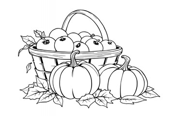 Autumn Harvest Basket of Apples and Pumpkins Line Art Illustration
