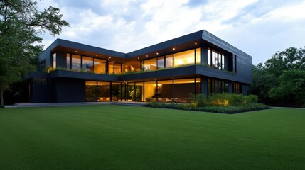 modern glass and steel home surrounded by lush greenery