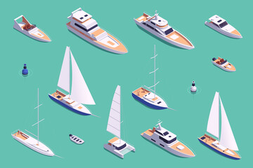 Variety of Boats and Yachts on Teal Background © Macrovector