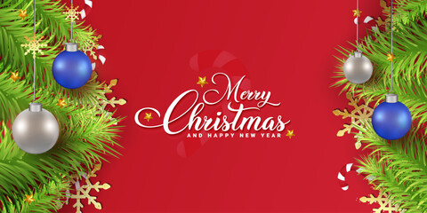 Merry Christmas red gradient background design with Christmas ball, snow, and light effects. Realistic Christmas invite card design with a gift box and red color. Christmas holiday background. 