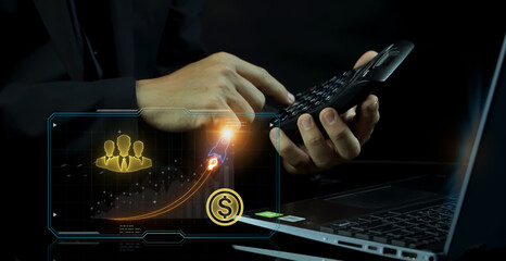 Business concept, an organization or enterprising entity engaged in commercial, industrial, or professional activities. Businessman shows spaceship icon with dollar coins on virtual screen.