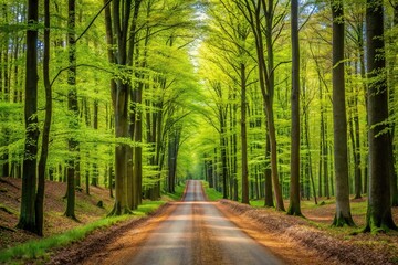 Forest road through beech forest in early spring