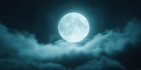 A stunning full moon illuminates a dark sky, surrounded by ethereal clouds, creating a mystical nighttime atmosphere.
