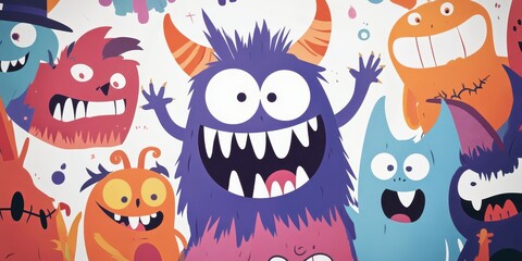 A vibrant and colorful illustration of playful monsters with various expressions, perfect for children's design projects.