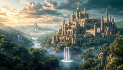 Fototapeta premium Magical city. In the mountain forest, a large and majestic castle proudly rises, surrounded by tall trees and wild nature