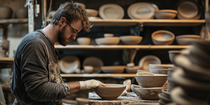 A studio artist of ceramic. inspection of texture. pottery making.