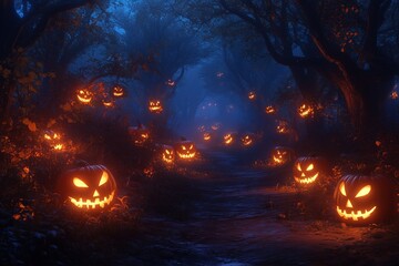 Glowing Pumpkins in Spooky Forest Hyper-Realistic Halloween Background