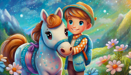 Fototapeta premium oil painting style cartoon character illustration A little boy hugs a white horse 