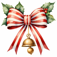 A watercolor painting of a Christmas bow with holly sprigs, isolated on a white background.