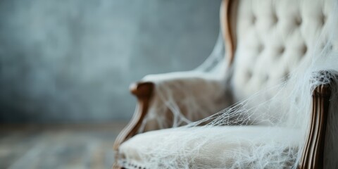 A vintage chair covered in delicate spider webs, evoking a sense of abandonment and timelessness in a dusty room.